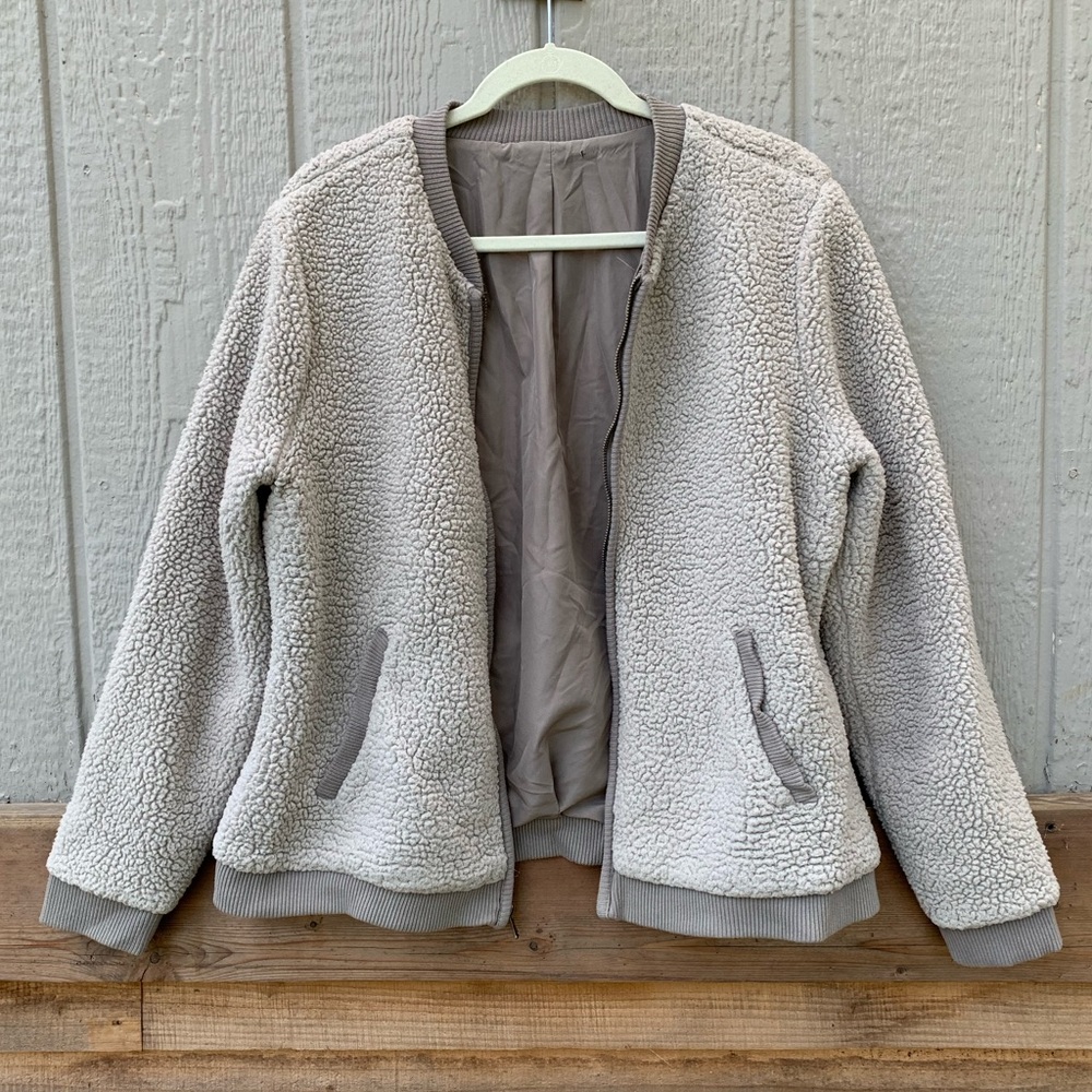 Grey sherpa teddy zip up lined bomber jacket ribbed cuffs - Picture 5 of 9